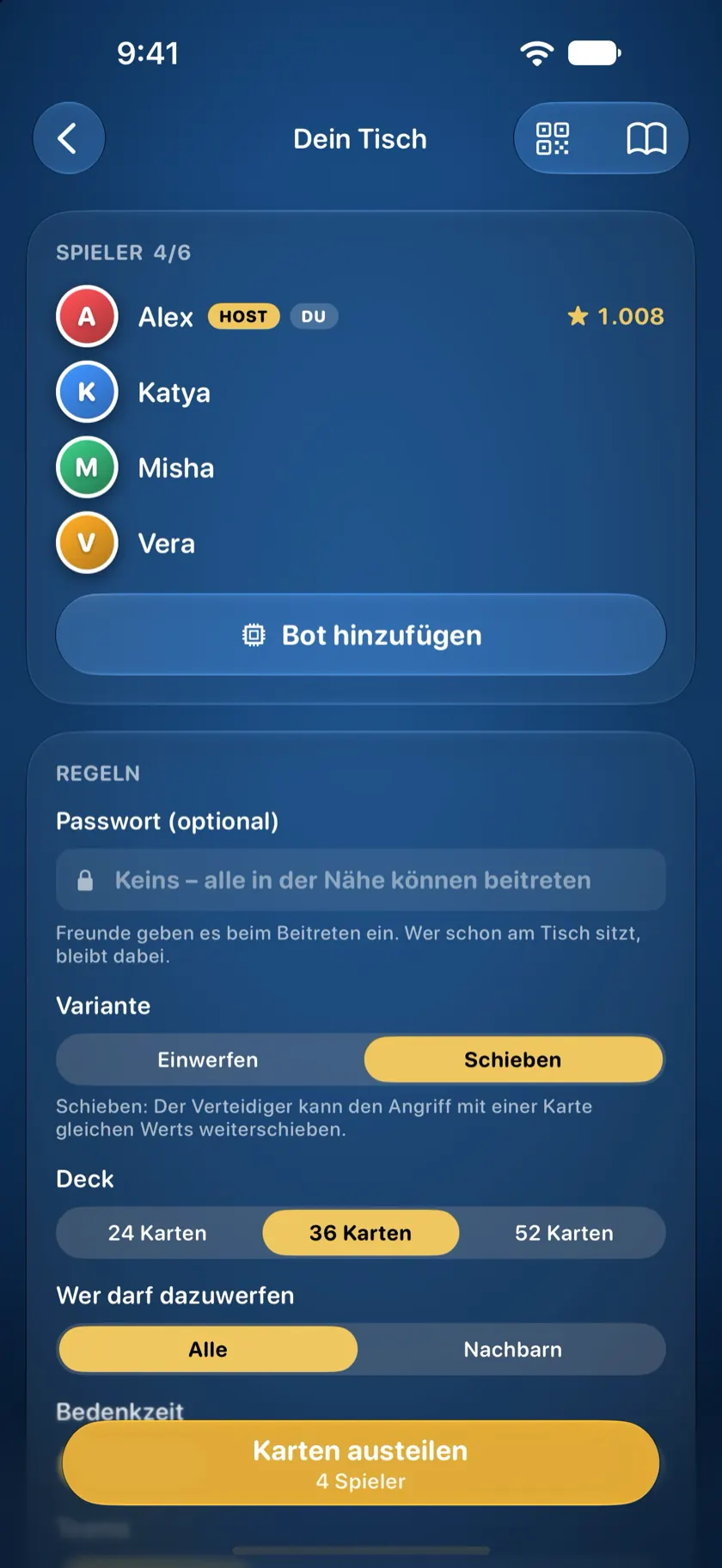 Der Tisch des Hosts vor dem Austeilen: vier Spieler und die Regeln der Runde