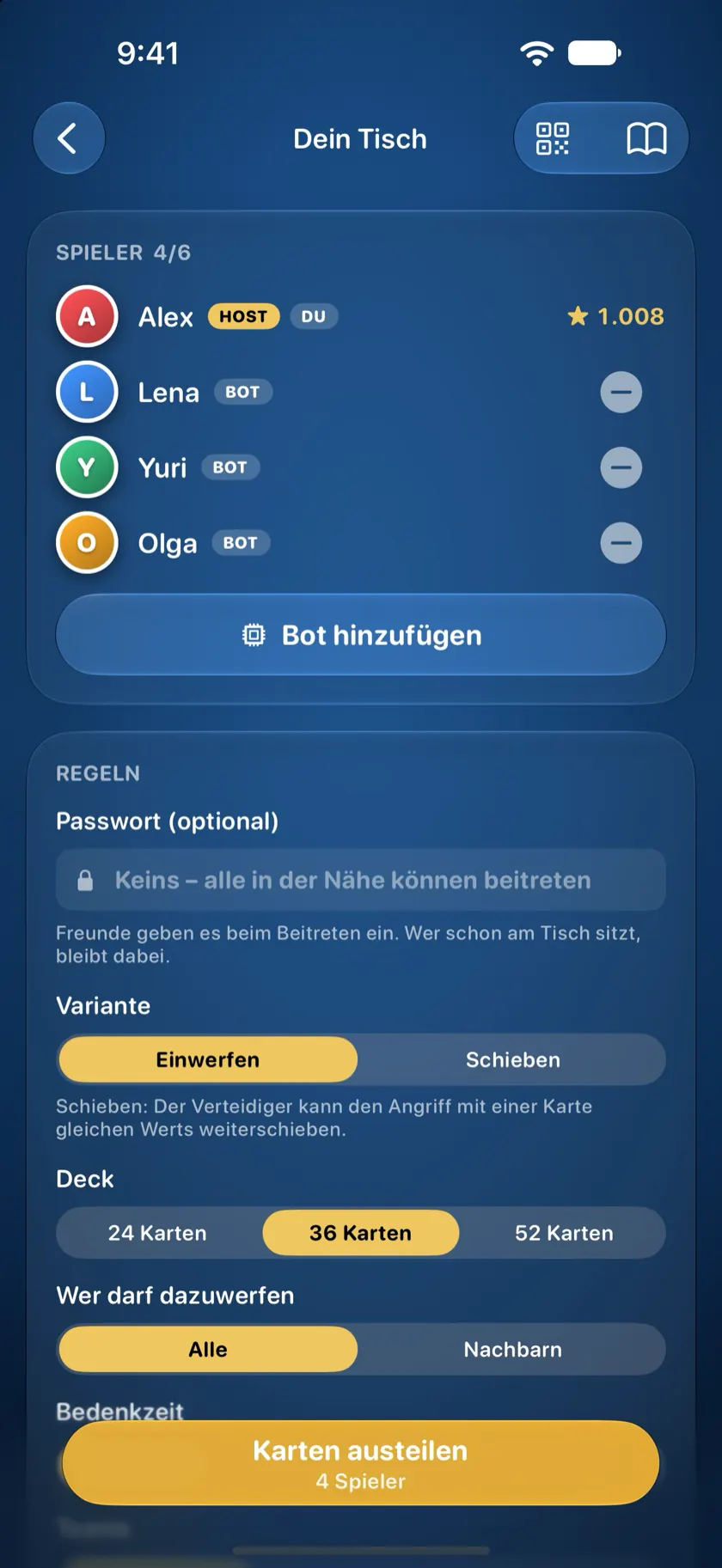 Der Tisch mit drei Bots neben dem Host