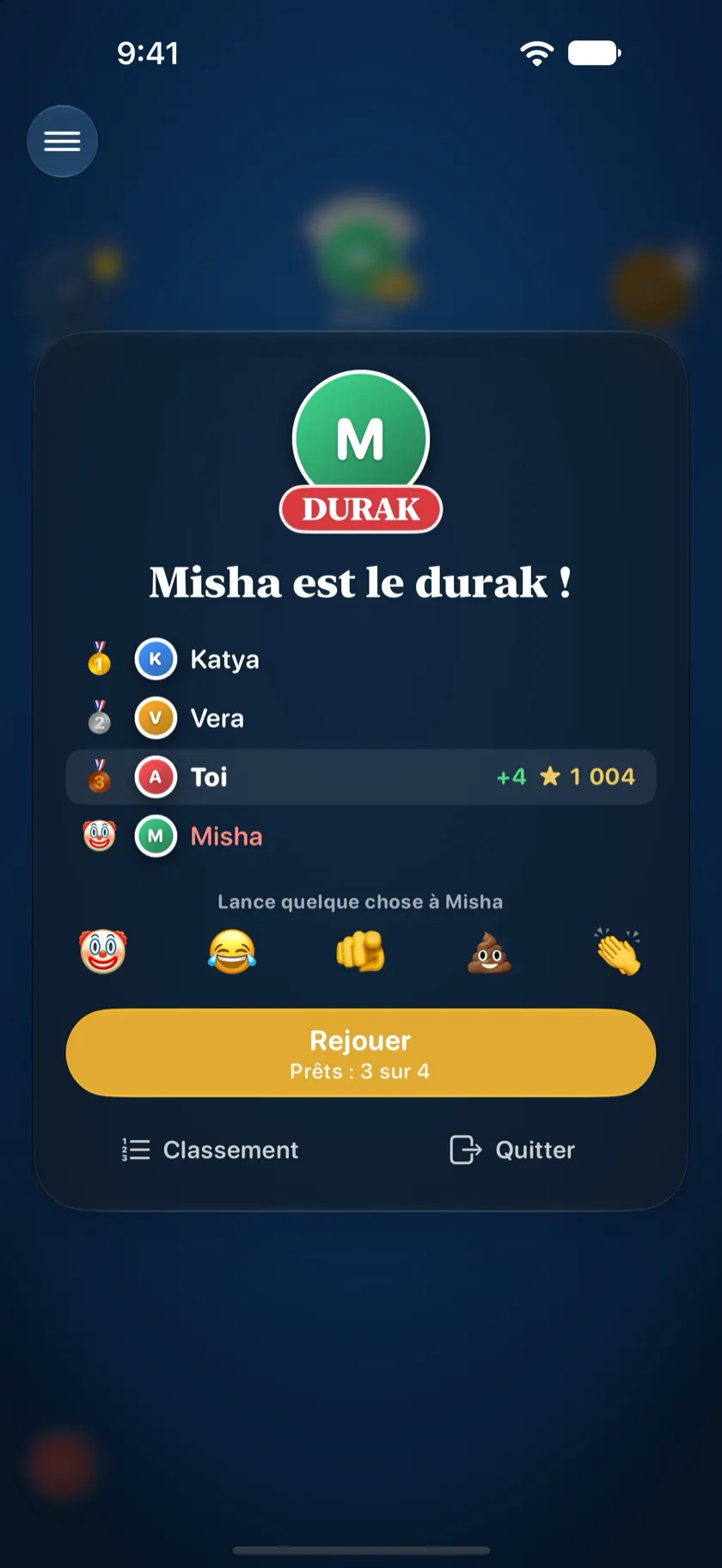 La fin d'une partie : le badge DURAK sur la photo du perdant, et l'évolution du classement de chacun