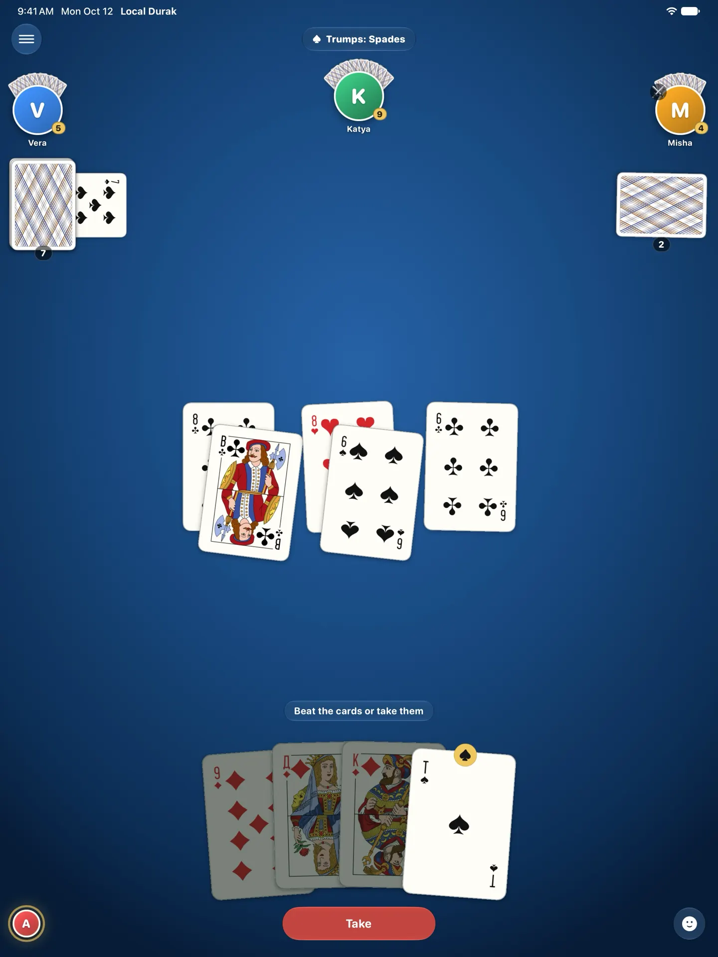 Local Durak on iPad: the whole table, with three attacks to beat