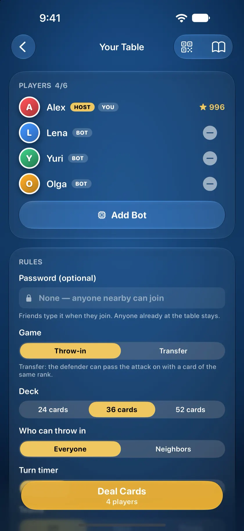 The lobby with three bots seated next to the host