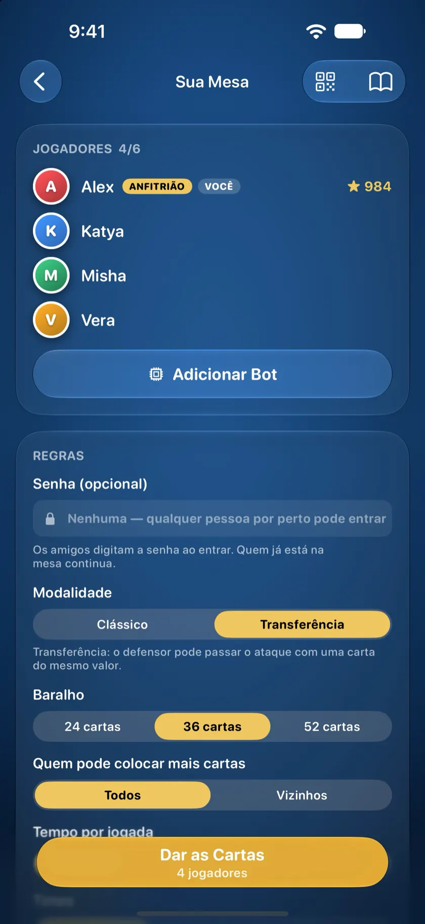 A mesa do anfitrião com quatro jogadores sentados e as regras da partida