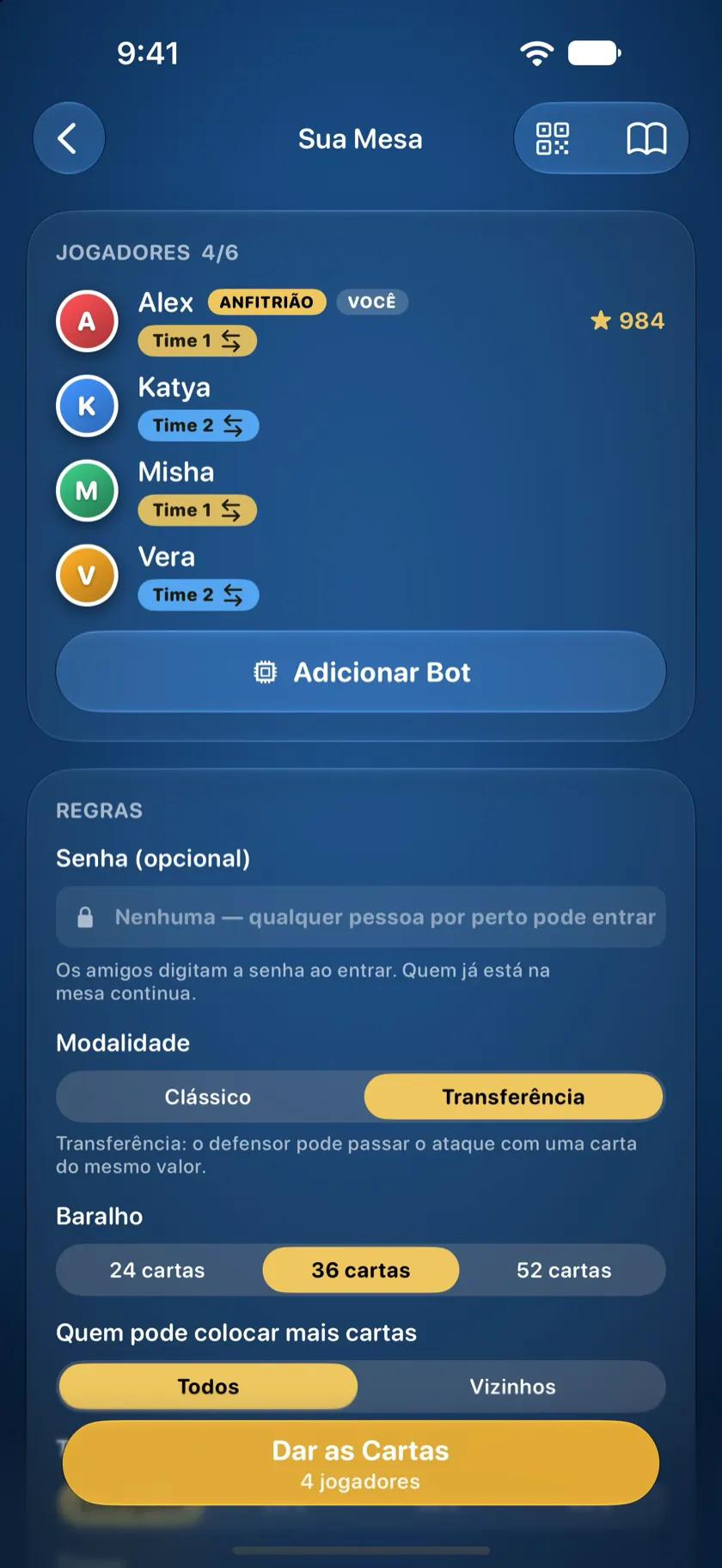 A mesa configurada para Durak com transferência em duplas, com trapaceiros liberados